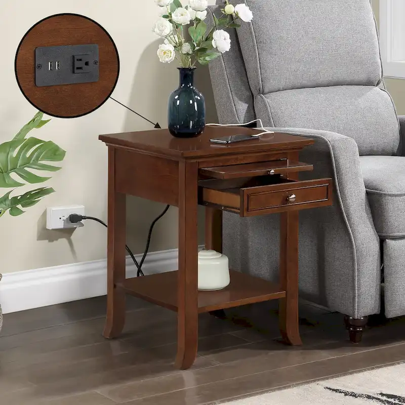 1 Drawer End Table with Charging Station and Pull-Out Shelf