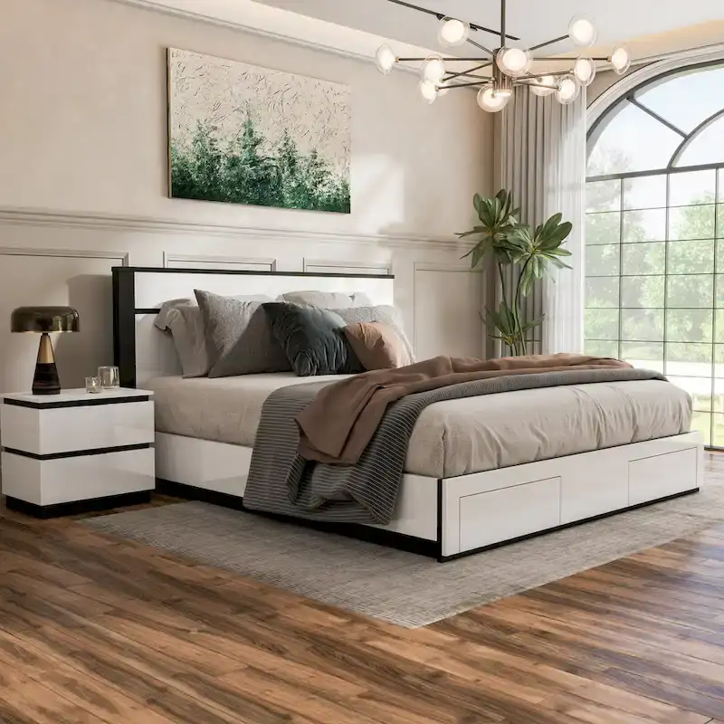 Conjira Modern 2-Piece White Wood Storage Bed and Nightstand Set