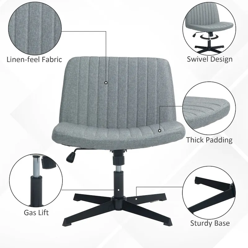 HOMCOM Wide Office Chair, Armless Office Desk Chair, Computer Fabric Vanity Chair with Adjustable Height
