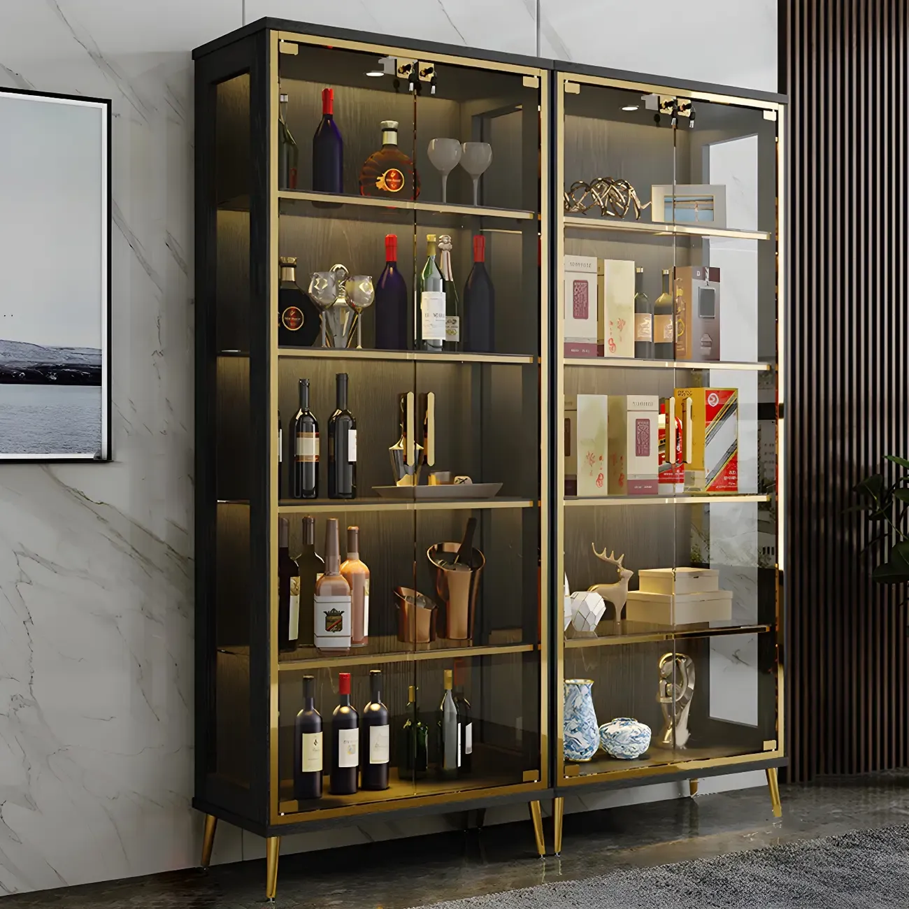 Glam Black Wooden Glass Display Cabinet