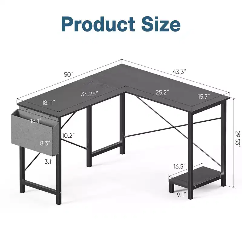 TUYOHW L-Shaped Computer Desk with X-Shaped Frame,50 Gaming Corner Office Desk with CPU Storage Shelf & Side Bag for Home Office,Study,Gaming