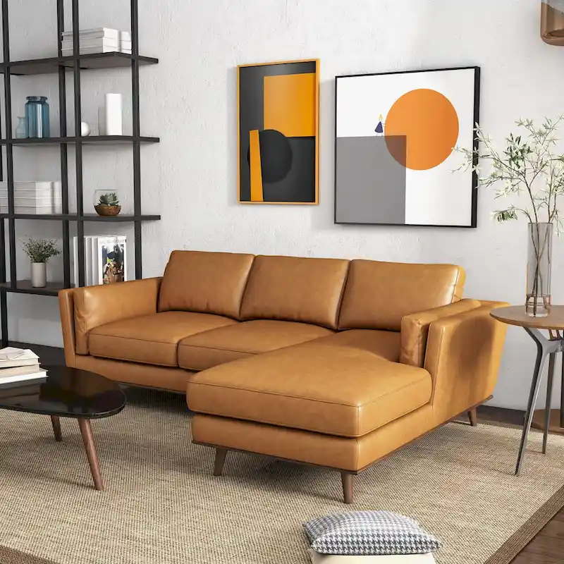 Modern Living Room Top Leather Corner Sectional Couch in Tan