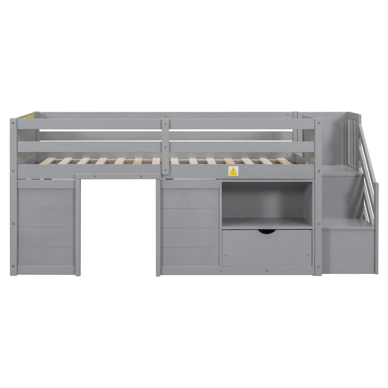 Gray Twin Solid Wood Low Loft Bed with Stair & Drawer