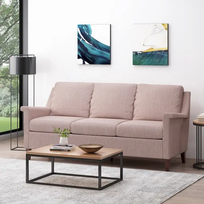 Light Pink 76.5 Modern 3-Seater Sofa with Birch Legs and Plush Seating