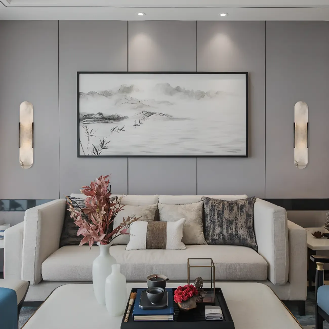 Modern Metal Grey White Stone Shade Up Down Wall Sconce