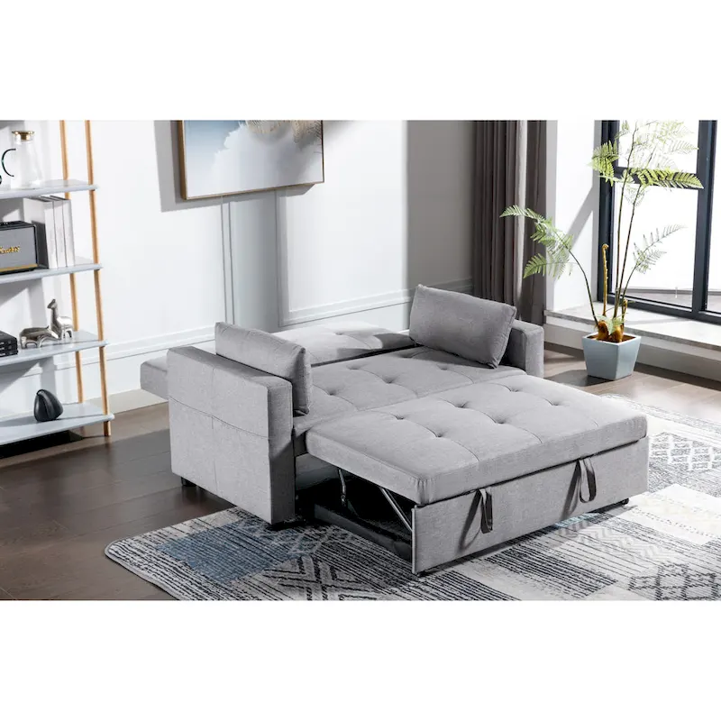 55.12 3-in-1 Linen Loveseat Convertible Sofa Bed with Side Pocket and Pillows