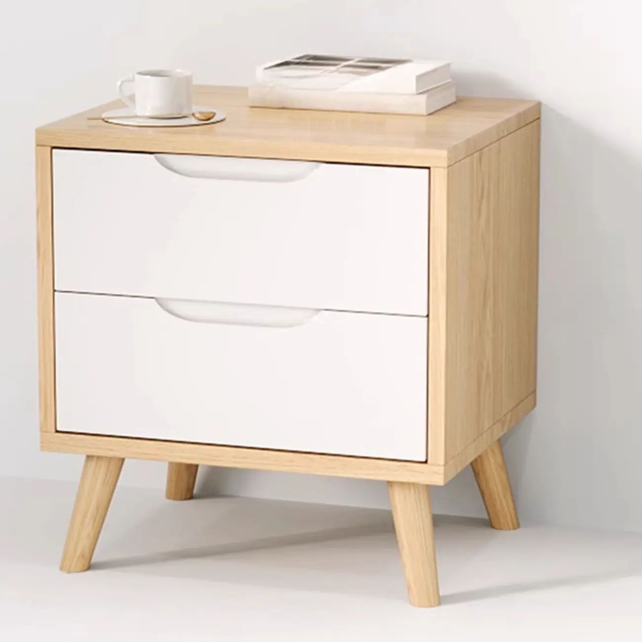 Traditional Wooden Nut-Brown Bedside Double Drawer Nightstand