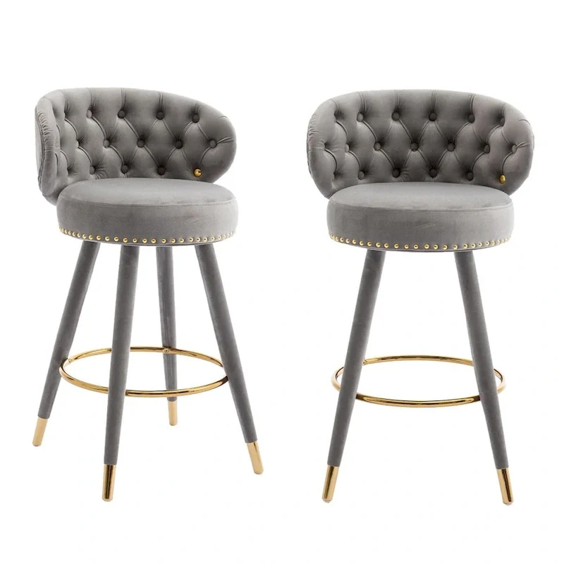 Velvet Upholstered 360 Degree Swivel Tufted Bar Stools with Golden Footrest(set of 2)