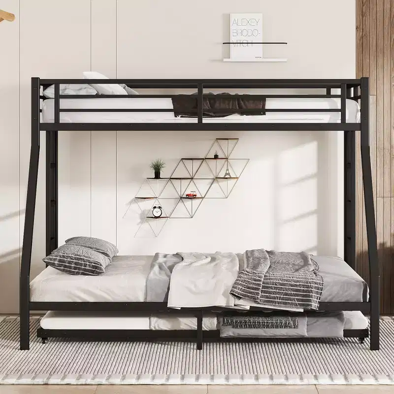 Bellemave Twin XL Over Queen Metal Bunk Bed with Trundle, Heavy Duty Triple Bed Frame, Ladders & Guardrails, Noise-Free, Black