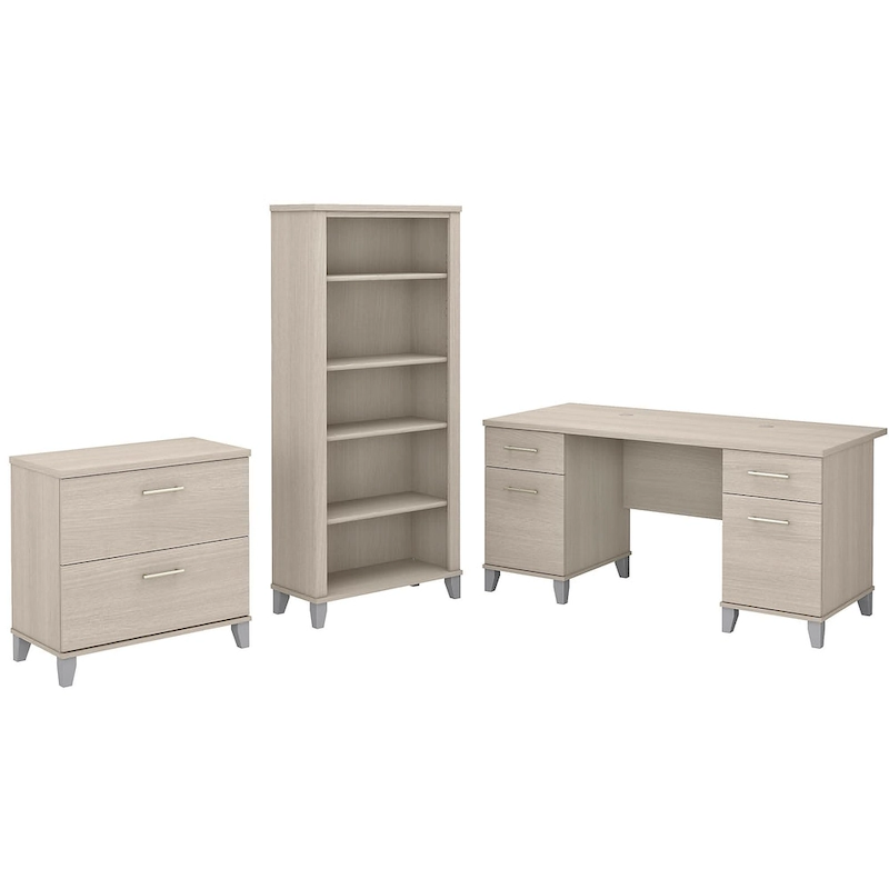 Somerset 60W Office Desk with Cabinet and 5 Shelf Bookcase