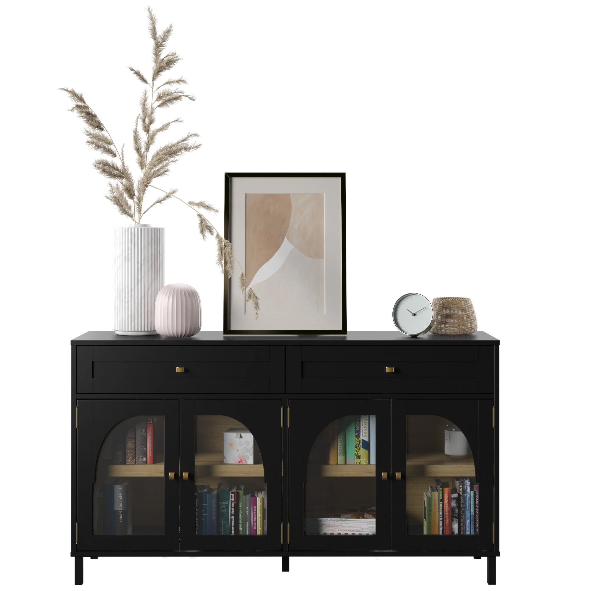 Modern Two?Tone Double Glass?Door Cabinets Buffet Sideboard