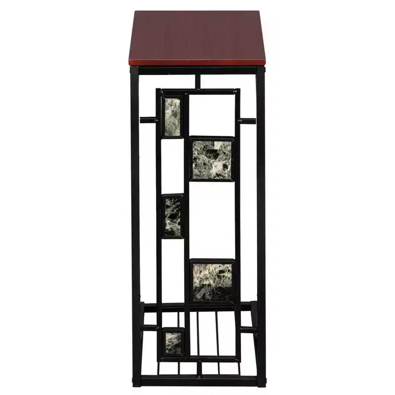 Disassembled and Assembled Single-layer C-shaped Table with Brown Density Board Tabletop, Black Powder-coated Iron Frame, Gravel Pattern Side Table