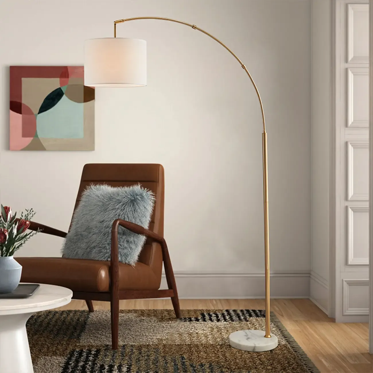 Modern Metal Arc Floor Lamp with Barrel Shade for Living Room