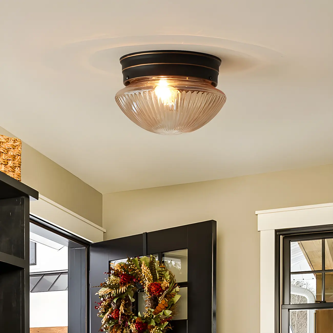 Classic Bronze Amber Ribbed Glass LED Flush Mount Ceiling Light