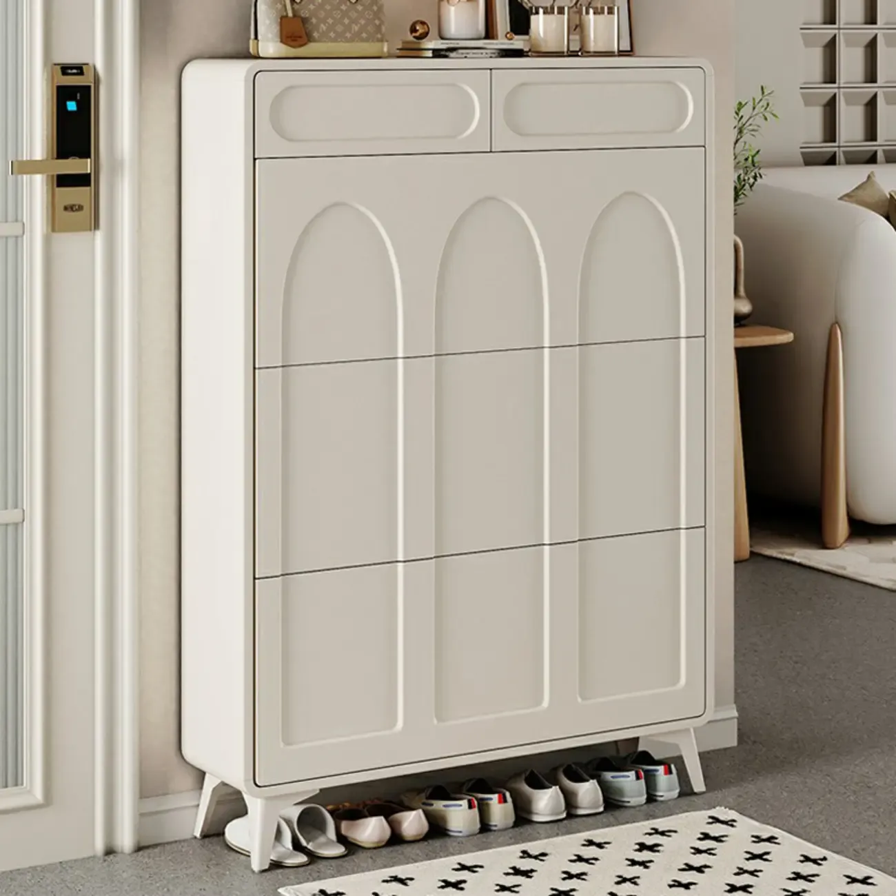 Vertical Slim White Wooden Drop Front Shoe Cabinet