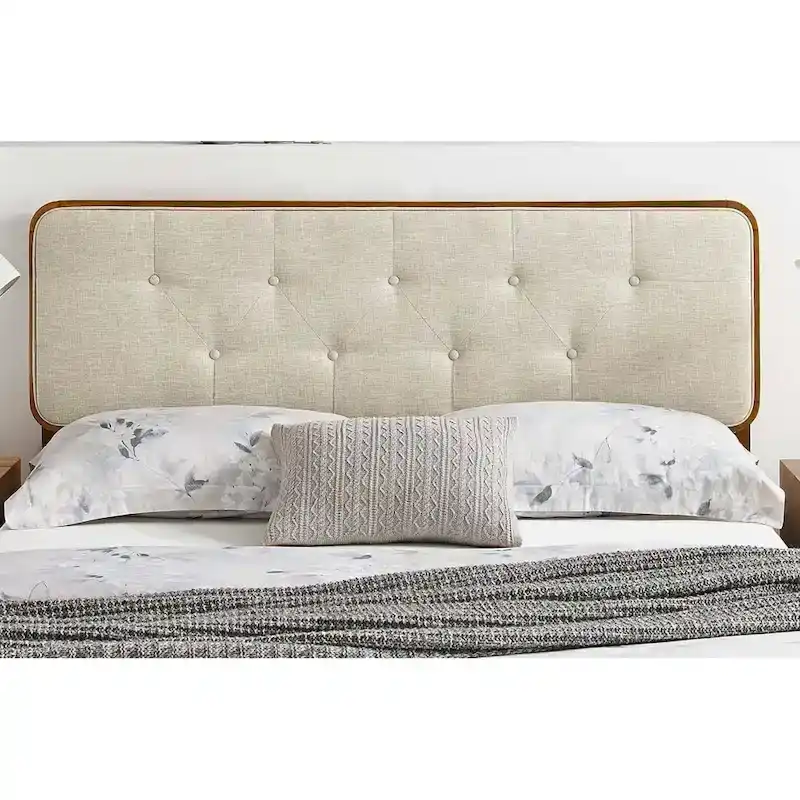 Traditional Beige Fabric Button Tufted King Walnut Wooden Headboard