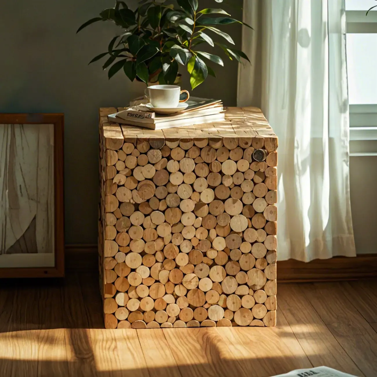 Square Block Natural Wood End Table for Living Room