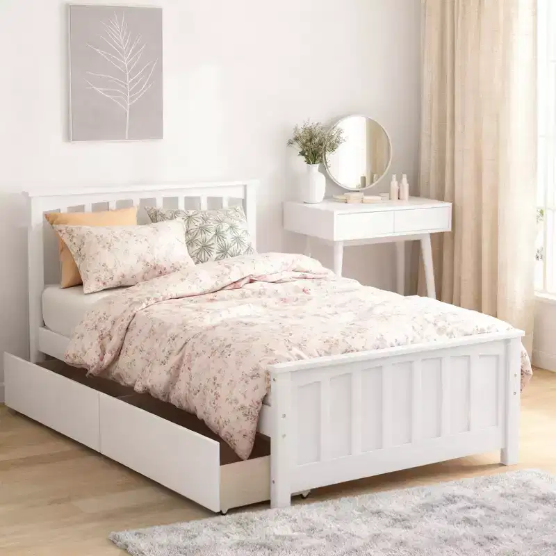 Twin Size Platform Bed with 2 Storage Drawers, Gray/White, Single