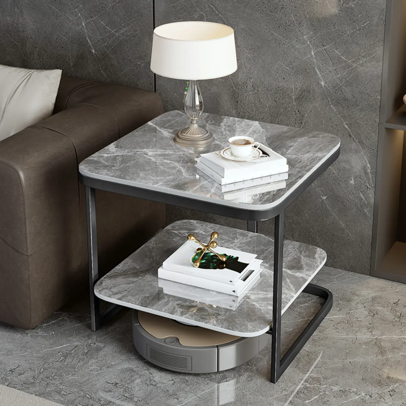 2-Tier C-Shaped Side Table with Shelf