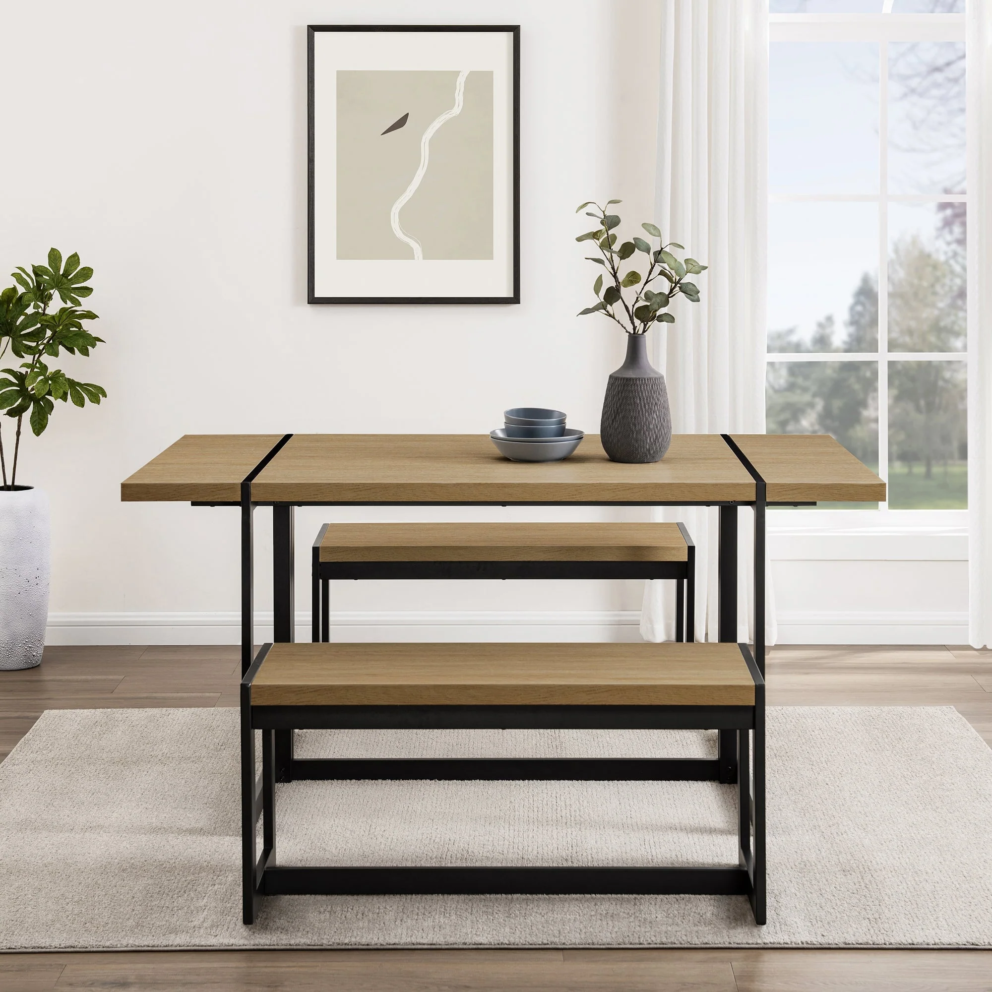 Vance Modern Industrial 3-Piece Metal and Wood Rectangle Dining Set