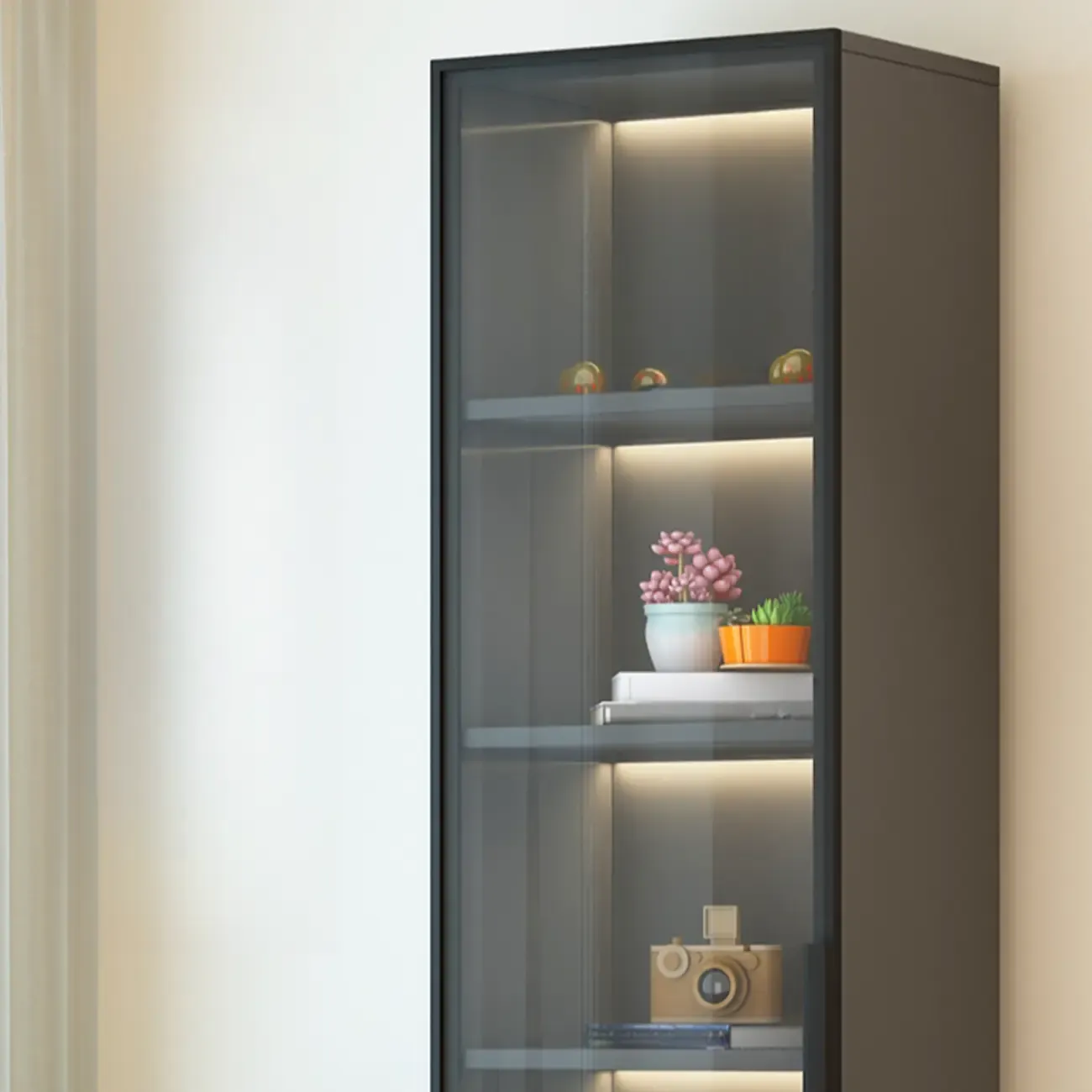 Modern Black Wood Clear Glass Lighting Display Cabinet