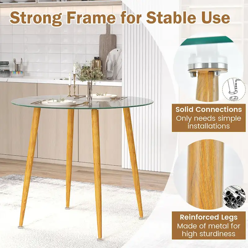 Gymax Leisure Coffee Table Round Glass Dining Table w/ Metal Legs