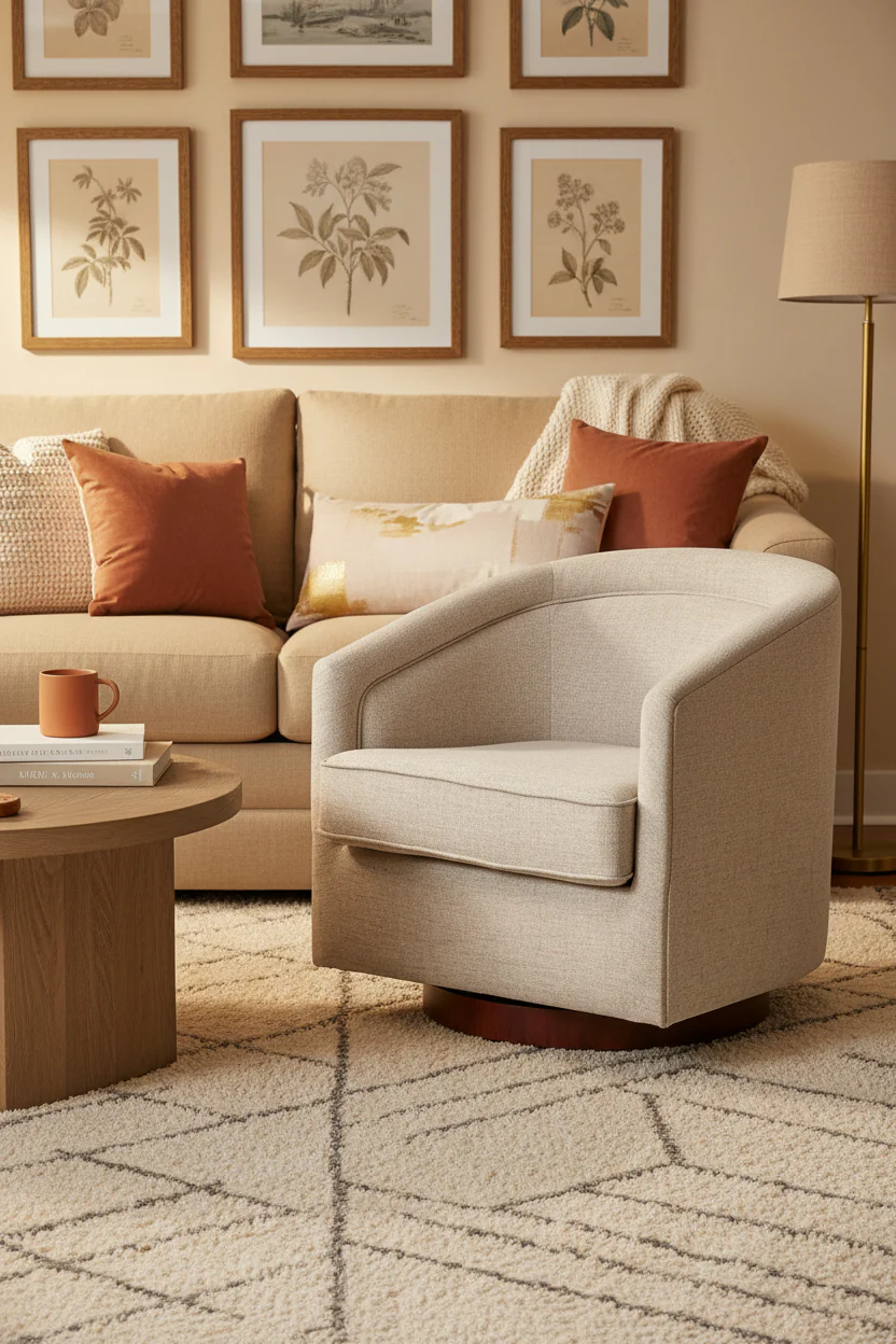 Traditional Club Style Upholstered Accent Chair with 360 Swivel Metal Base