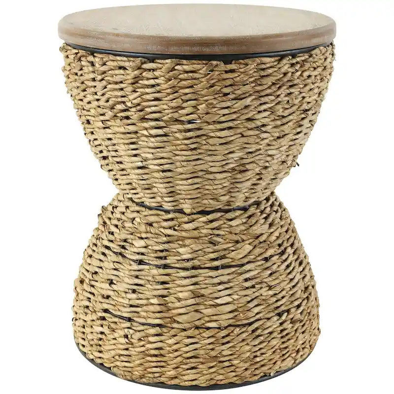 Rattan Handmade Woven Side End Accent Table with Wood Tabletop and Black Frame - Light Brown or Brown