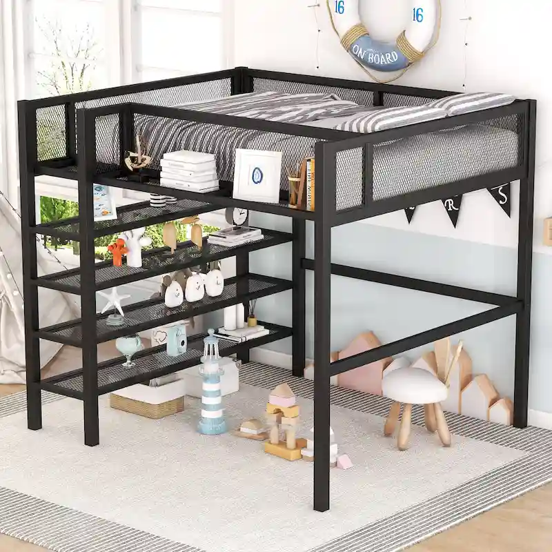 Full Size Metal Loft Bed with 4-Tier Shelves and Storage, Black