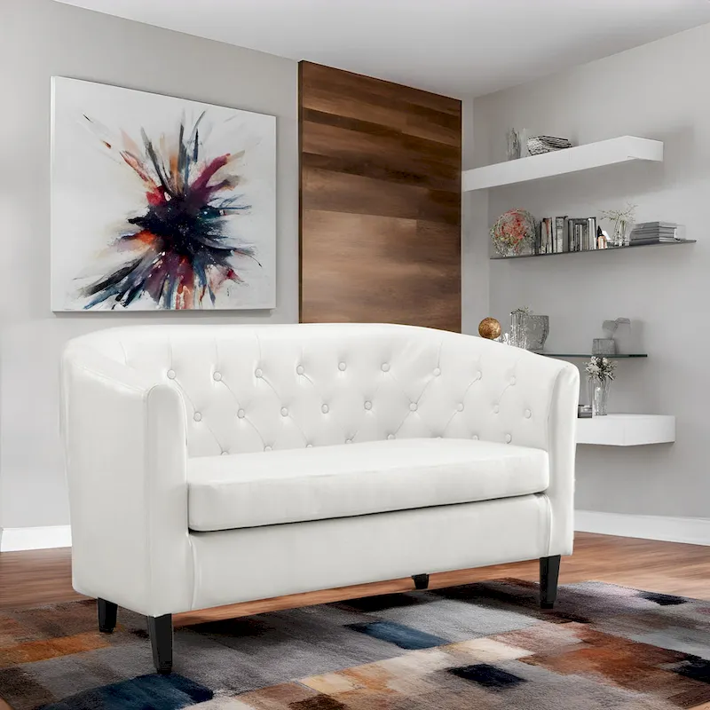 Midcentury Modern Button Tufted Faux Leather Barrel Loveseat - Comfy Tub Loveseat Sofa