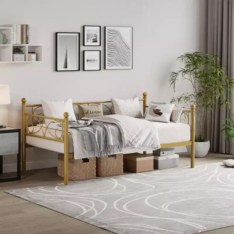 Gold / White / Black Twin Size Metal Bed Frame with Headboard, Single, Steel Slat Platform
