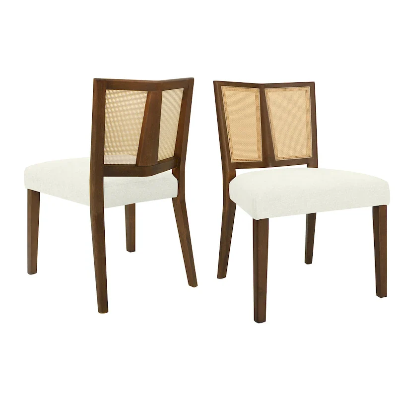 Mid-Century Rattan Back Upholstered Dining Chair Set of 2