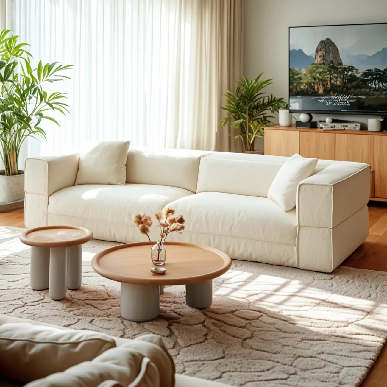 Round Natural Wood Tray Top Coffee Table with Three-Leg