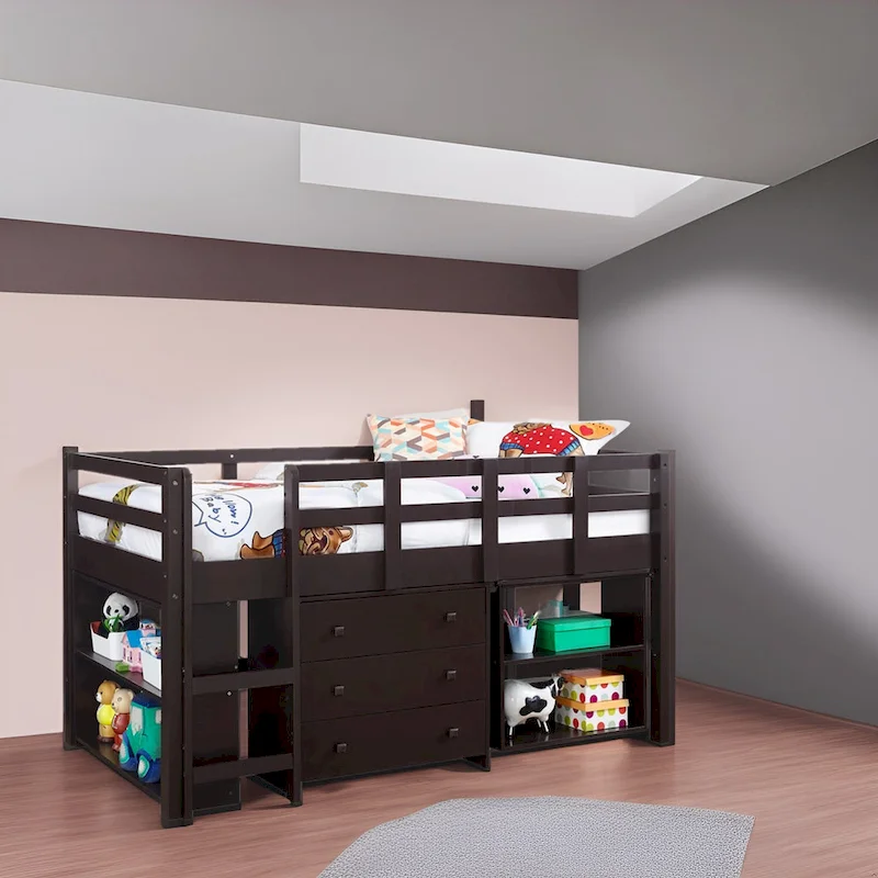 Twin Size Low Loft Bed with Desk and Storage - Kids Pine Wood Loft Bed with Cabinet and Study Space