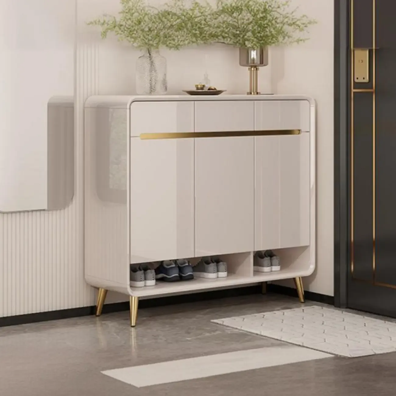 Glam Beige Solid Wood Shoe Cabinet with Display Top