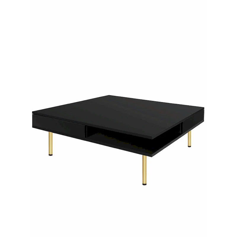 High Gloss Coffee Table: 4 Golden Legs, 2 Drawers, 2-Tier Square Design