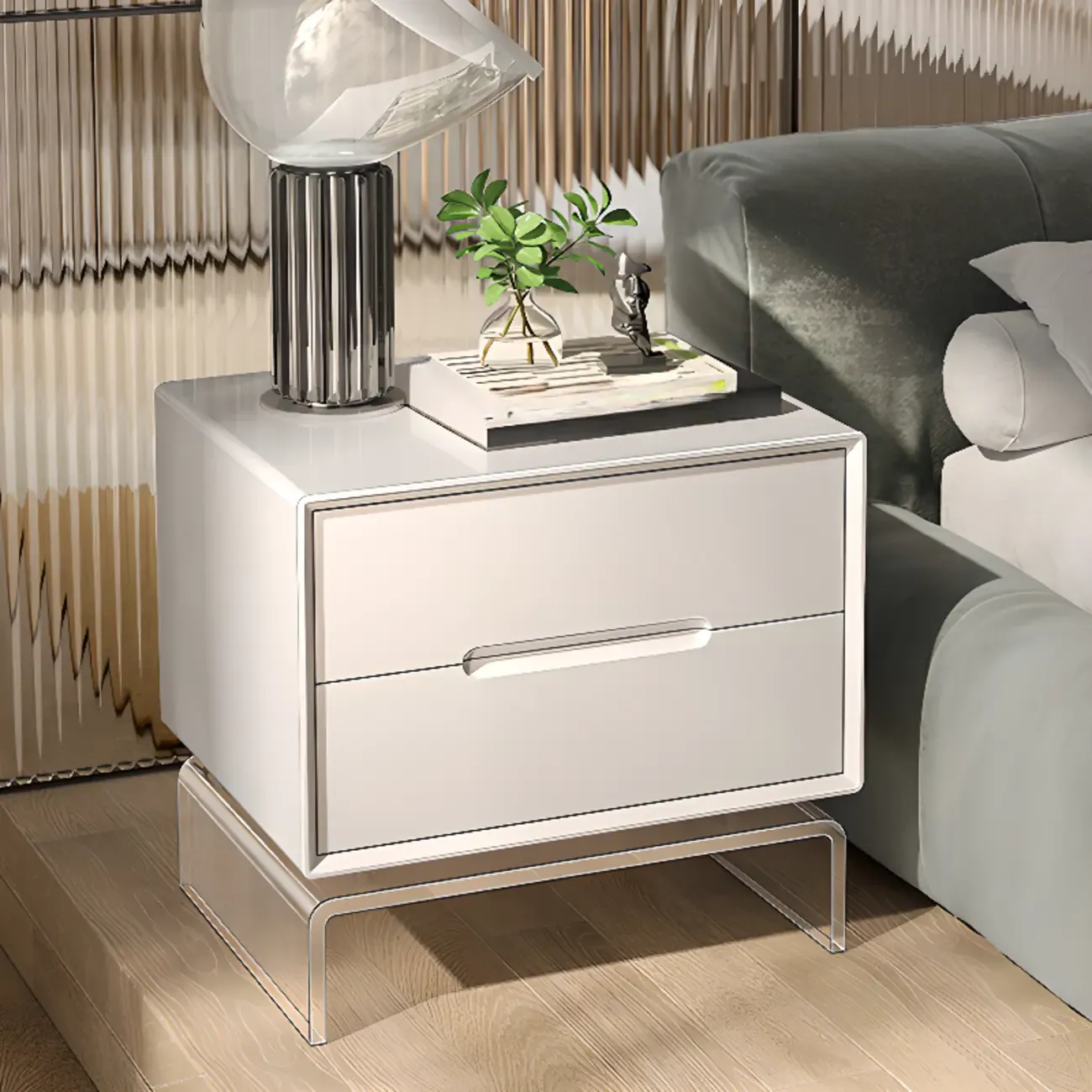 Modern Acrylic Leg Timber White Nightstand with Drawers