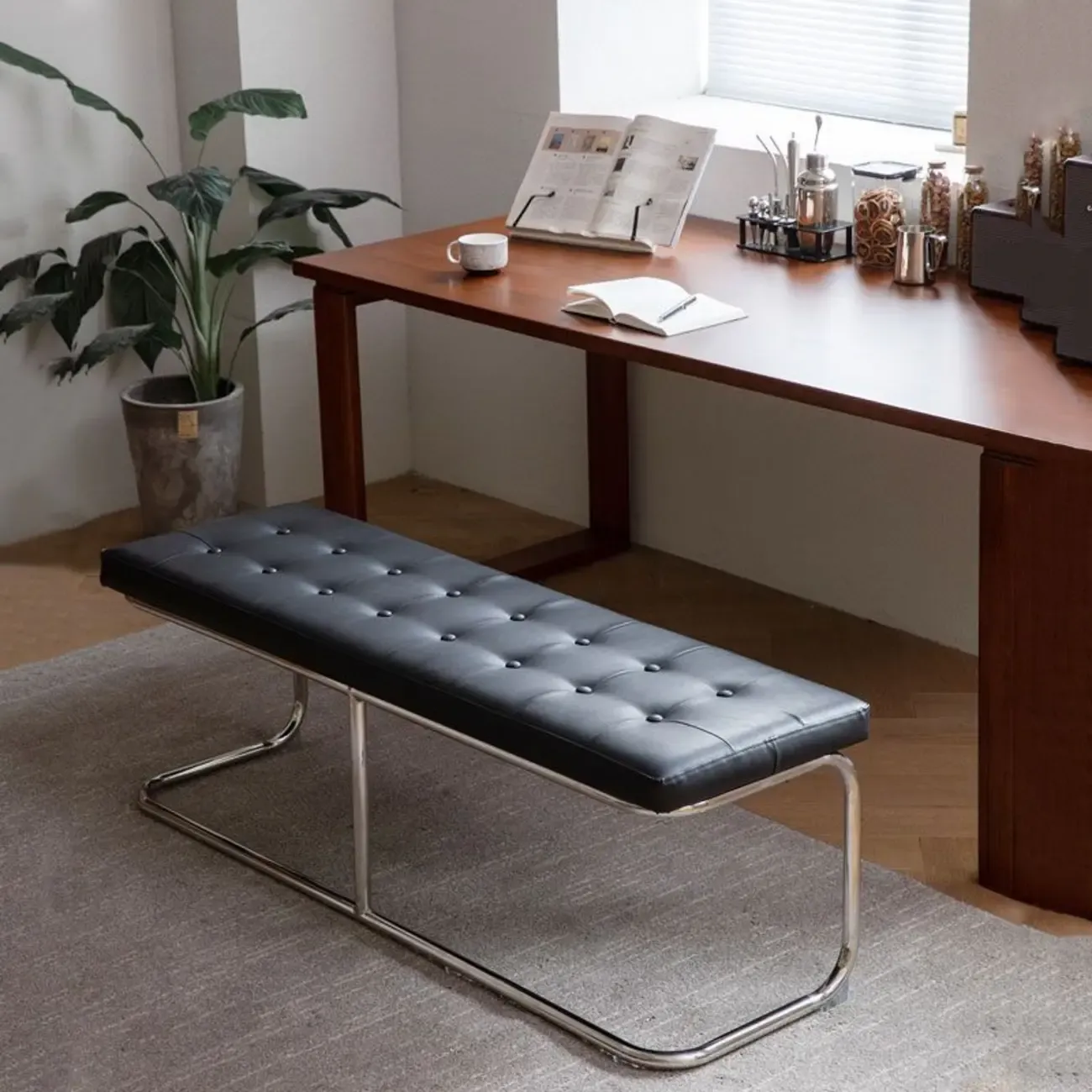 Modern Rectangular Cushioned Leather Bedroom Bench