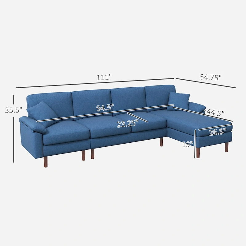 HOMCOM Fabric Sectional Couch with Reversible Sleeper Sofa, Modern L Shaped Sectional Sofa with Pillows, Wooden Legs