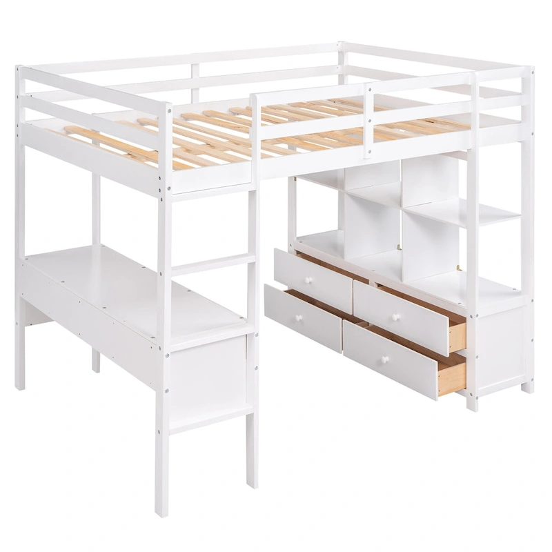 Nestfair Wooden Loft Bed with Built-in Desk and Two Drawers