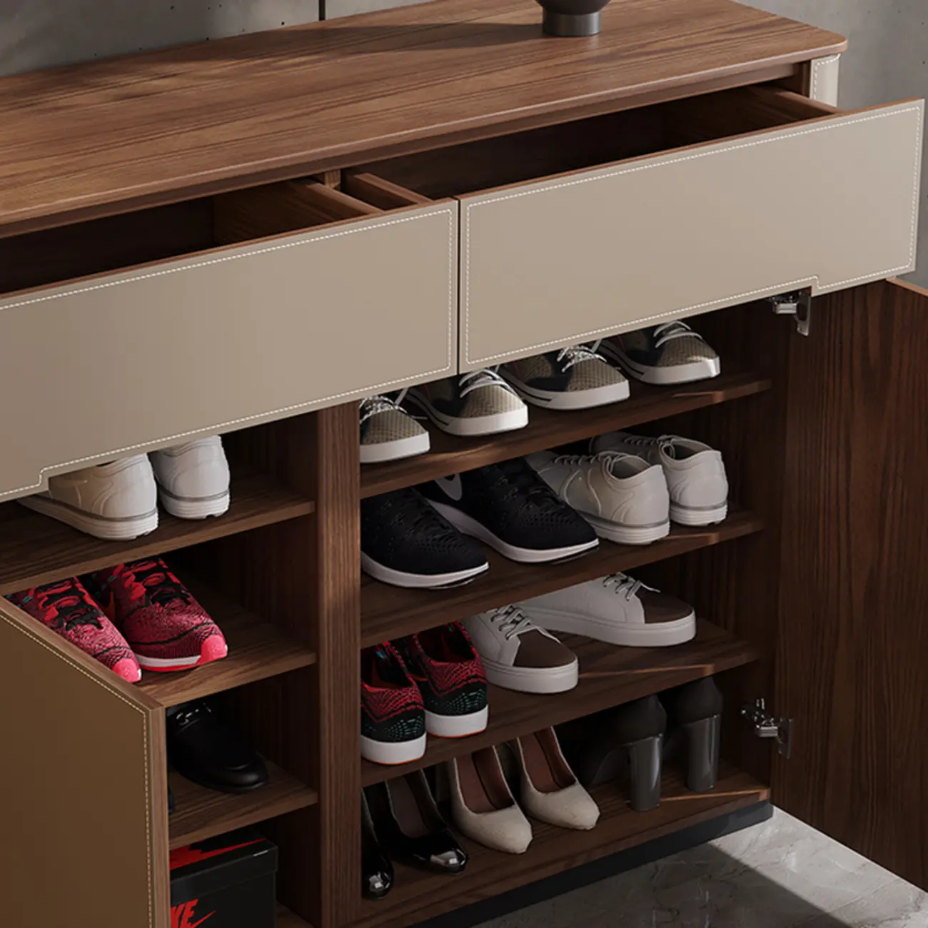 Trendy Wood Tan Entryway Shoe Cabinet with Drawers