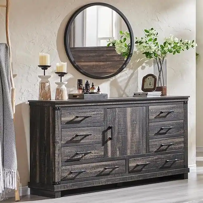 Farmhouse 8 Drawer Dresser, Wood Long Chest of Drawers, Closet Dresser