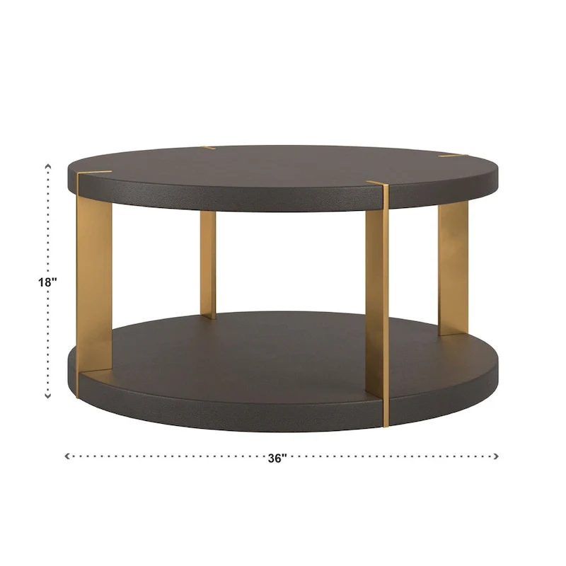 Gold Finish Metal Dark Brown Faux Shagreen Round Table Set