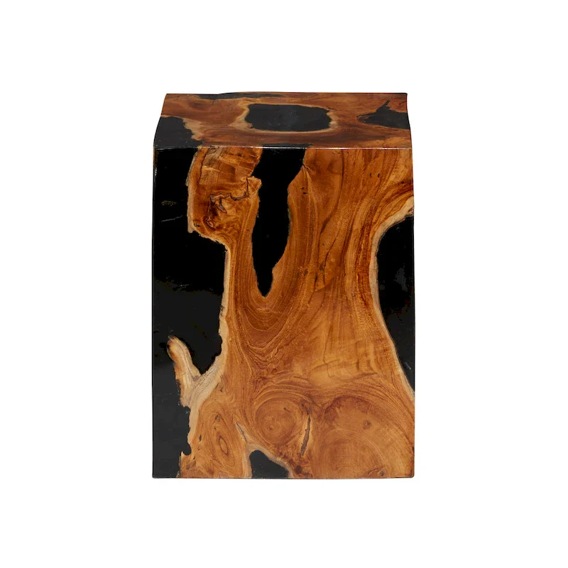 Teak Wood Block Accent Table with Black Resin Inlay - Brown-11Wx12Lx15H