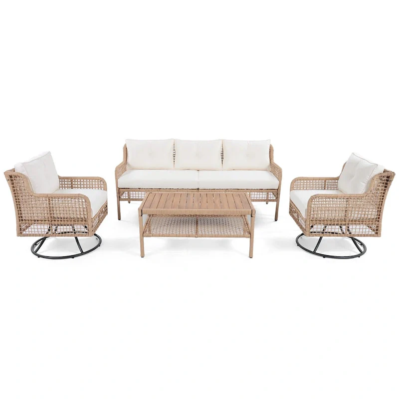 4-Piece Rattan Conversation Sofa Set with Swivel Chairs & Table