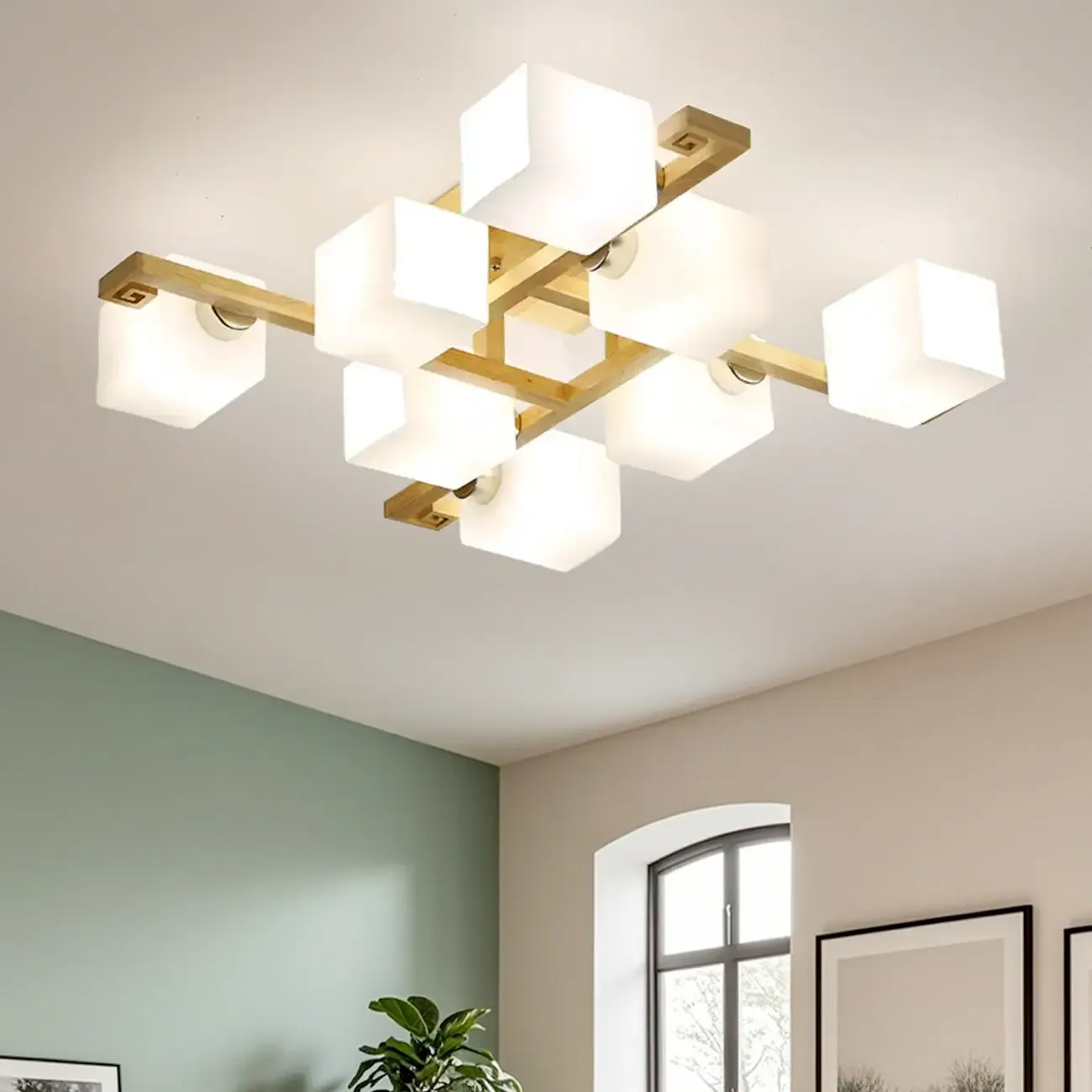 8.5 Height Square Glass Natural Wood Semi Flush Ceiling Light