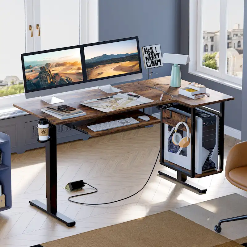 57 inch Electric Standing Desk Adjustable Height L Shaped Desk with Keyboard Tray and Host Shelf