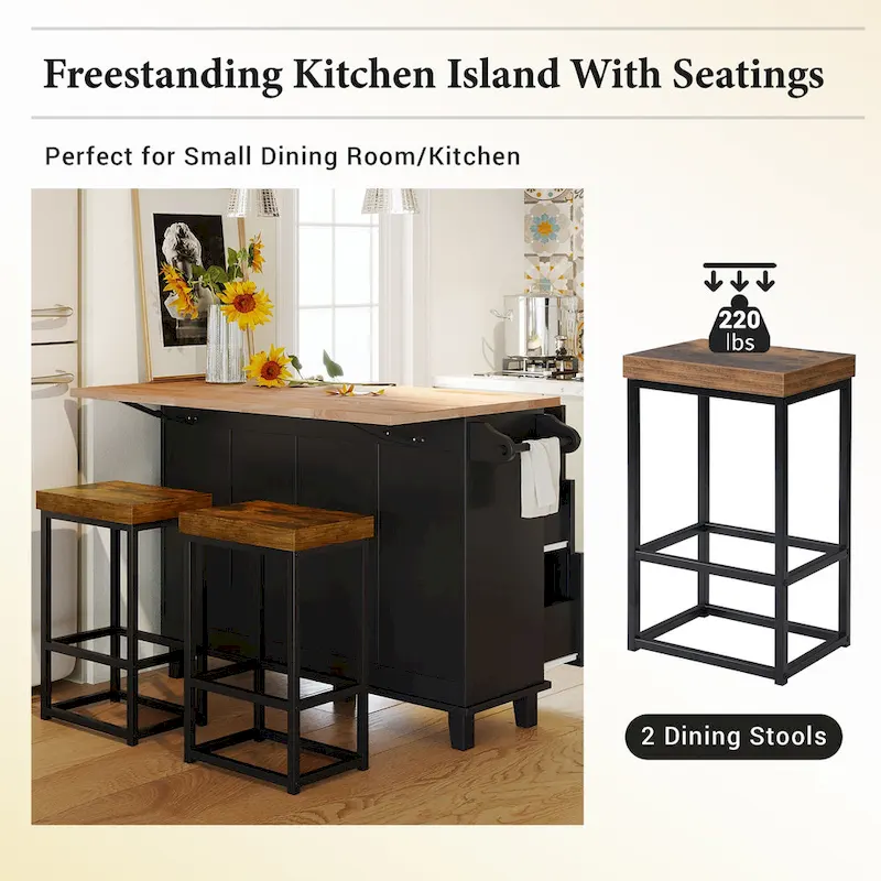 TOPMAX Kitchen Island Set with Drop Leaf and 2 Seatings, Dining Table Set with Adjustable Shelf, Drawers and Towel Rack