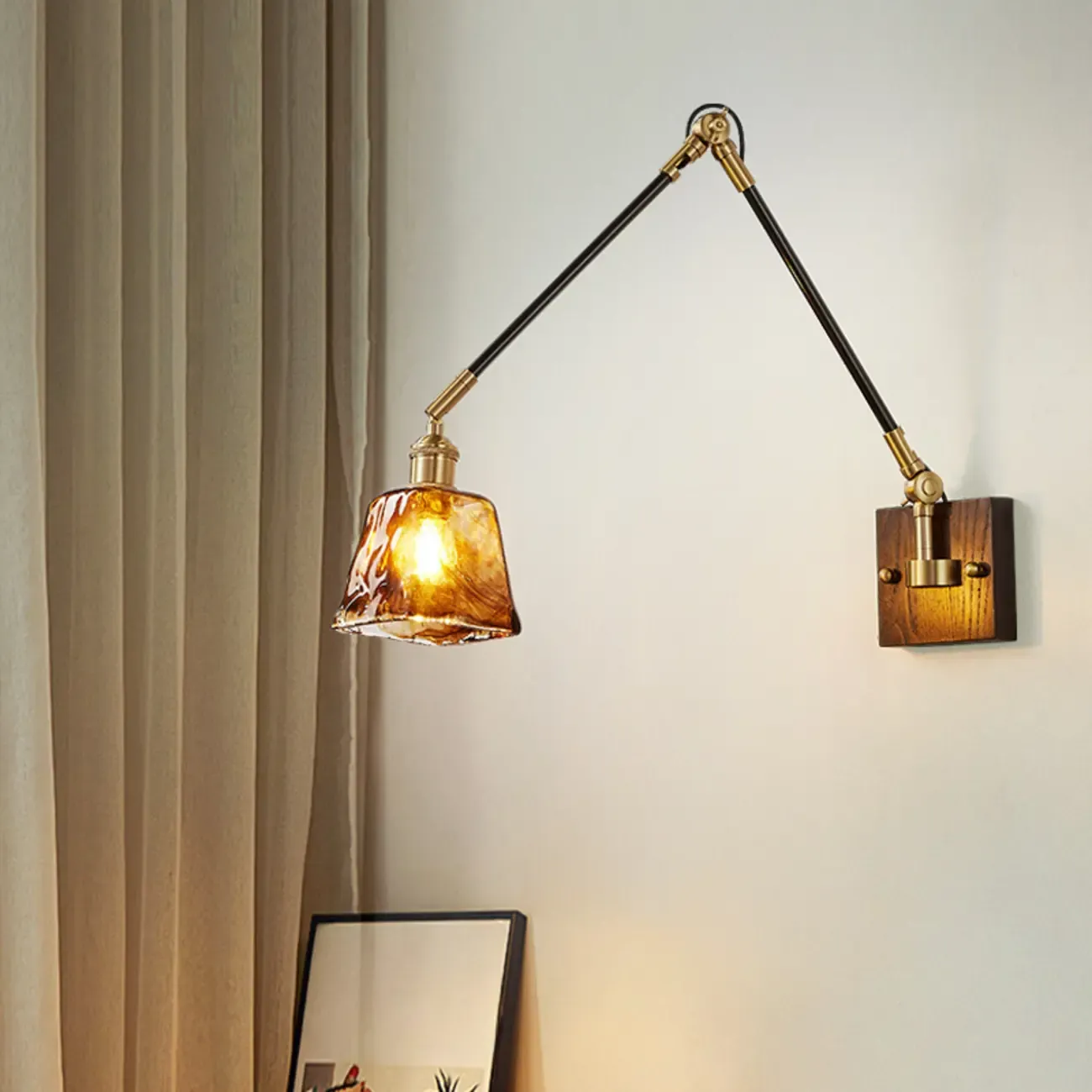 Industrial Amber Swing Arm LED Wall Sconce with Glass Shade