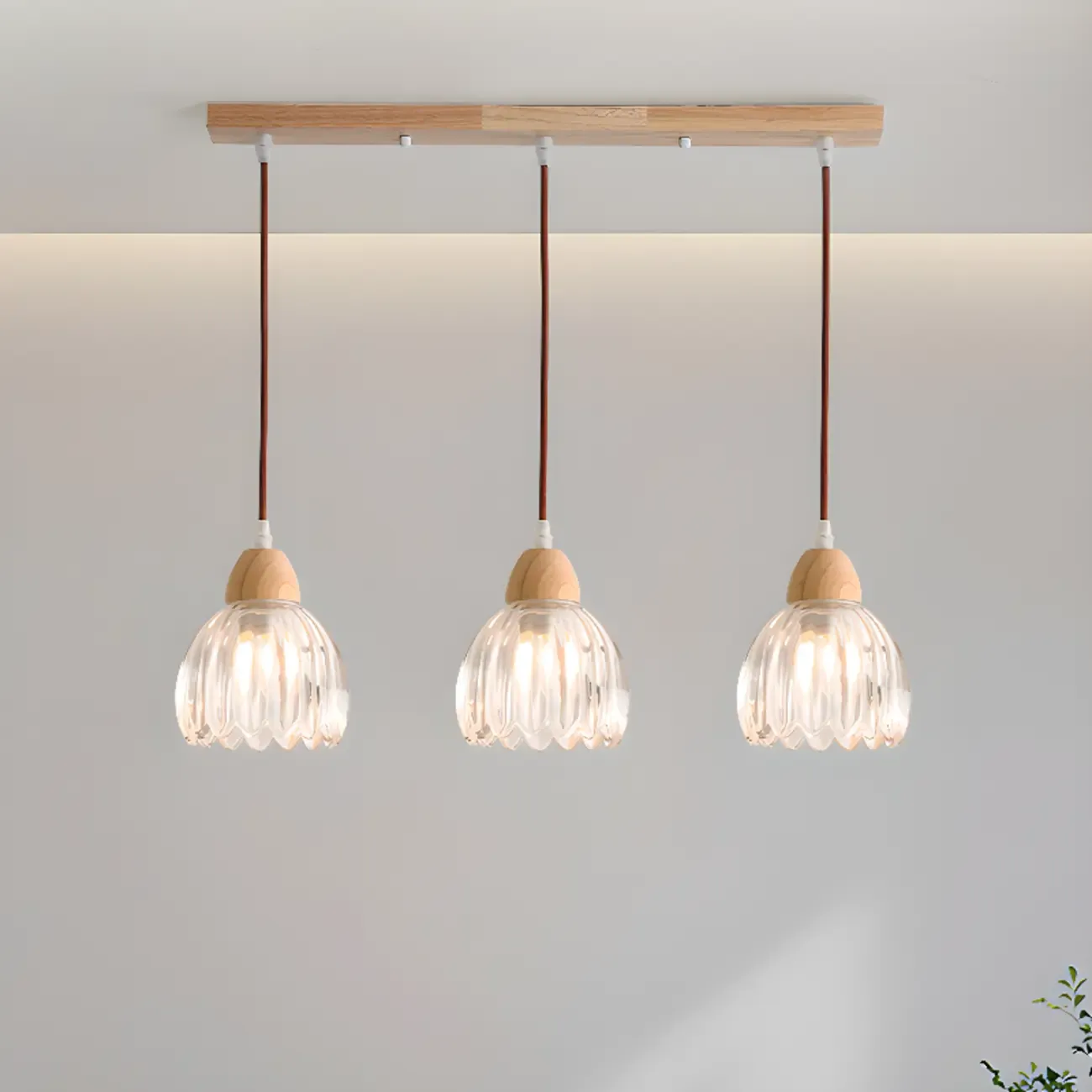 Glass Shade Wood Kitchen Island Pendant Light Adjustable Length